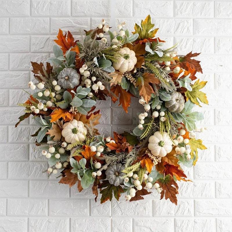 Fall Pumpkin Berry Maple Leaf Artificial Wreath