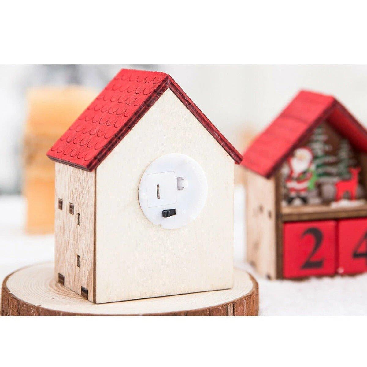 Christmas Advent Calendar LED Light Up Wood House Santa Claus - Christmas Trees USA