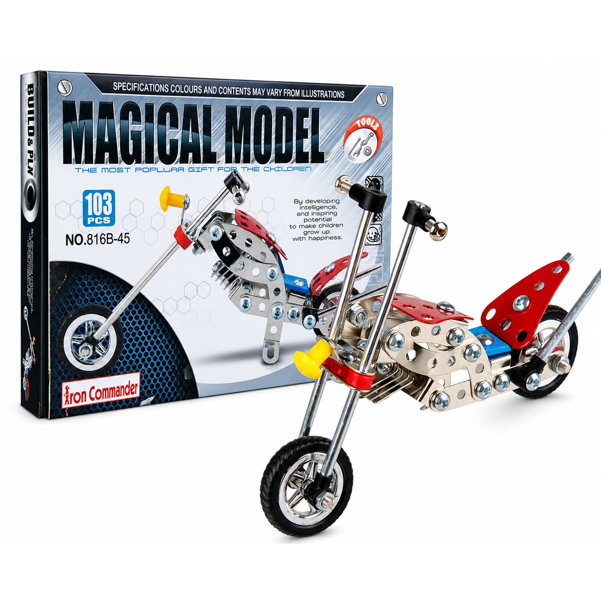 Metal Motorcycle Model Kit Buildable Chopper Toy with Bolts & Tools DIY (105 Pieces) 7.5 Inches