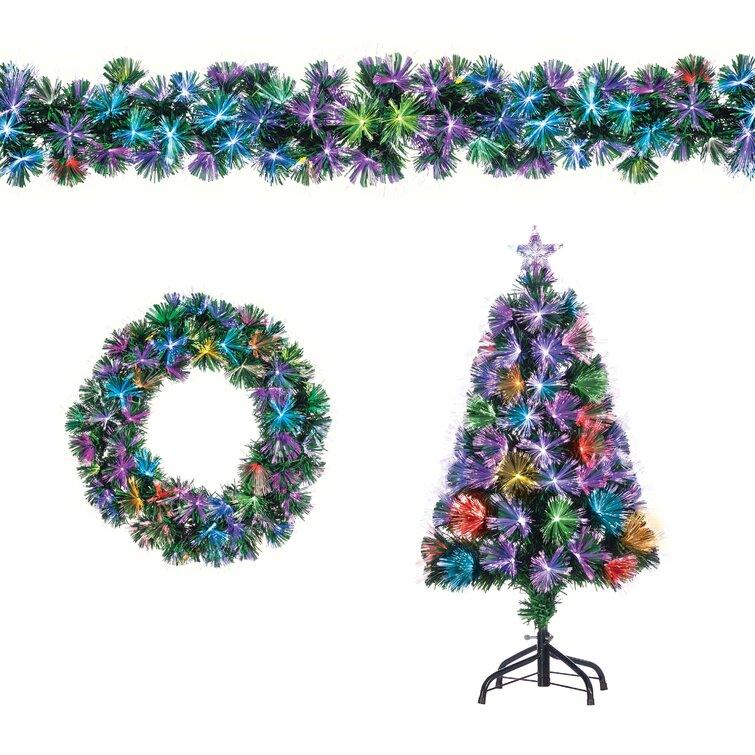 Color-Changing Fiber Optic 3 Ft Tree, Garland, And Wreath Set With Multi-Colored Led Lights