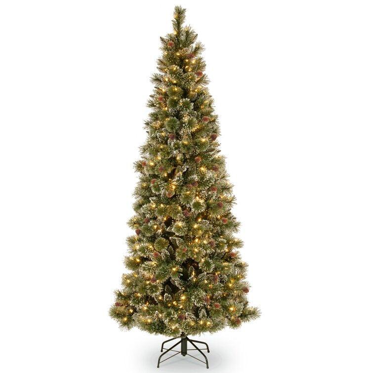Customizable Christmas Tree & Greenery Set Glittery Bristle Pine with Clear Lights