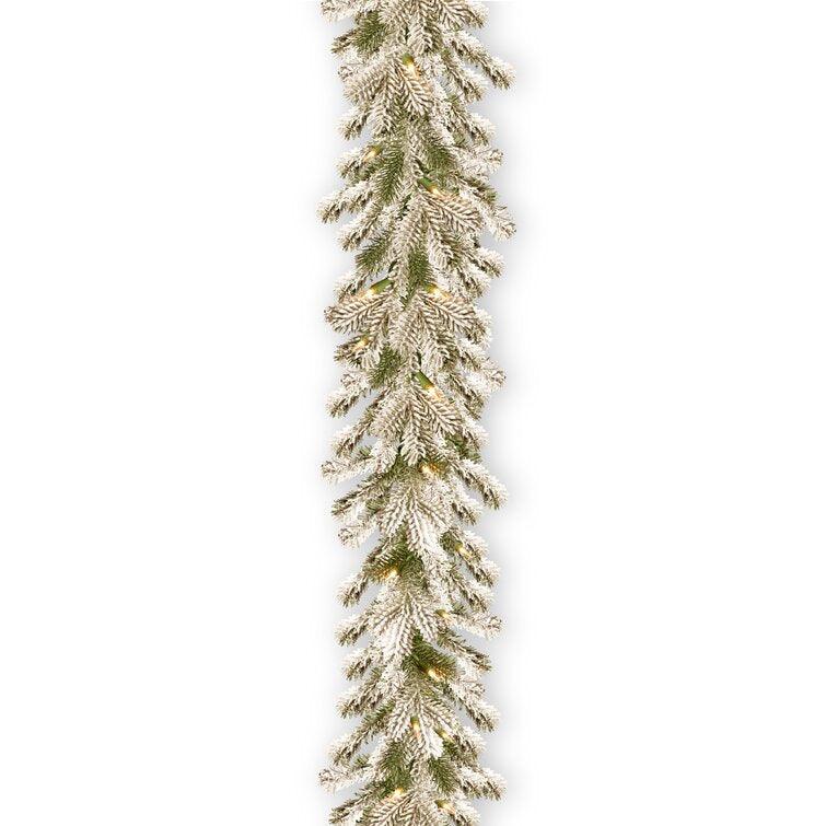 Customizable Christmas Tree & Greenery Set Snowy Sheffield Spruce with Clear Lights