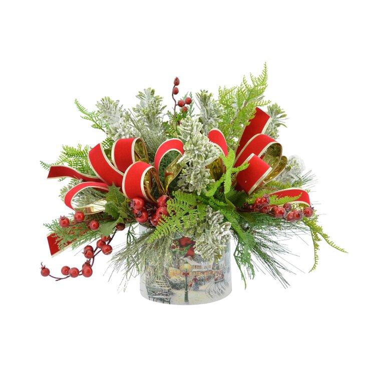 "Christmas Pinecone Centerpiece with Red Berries & Snow-Flocked Greenery"