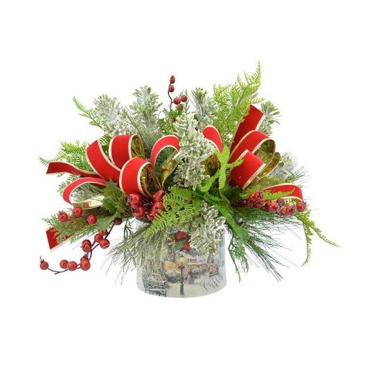 "Christmas Pinecone Centerpiece with Red Berries & Snow-Flocked Greenery"