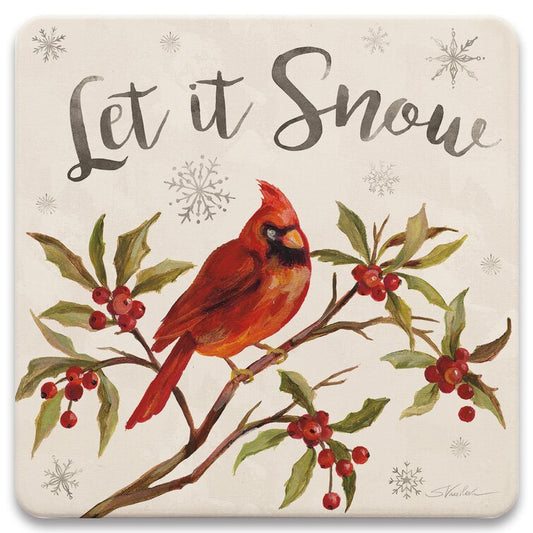 Let It Snow Cardinal Tabletop Art Drink Coasters Set Of Four - Christmas Décor Accent (Set of 4)