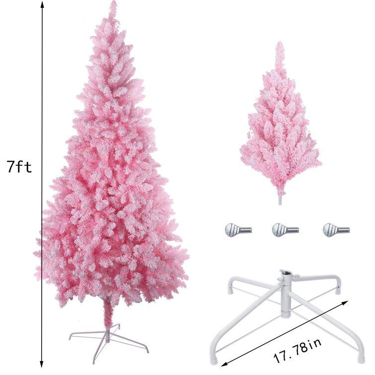 Pink Artificial Snow Flocked Christmas Tree, 7Ft Full Tree, With Metal Stand
