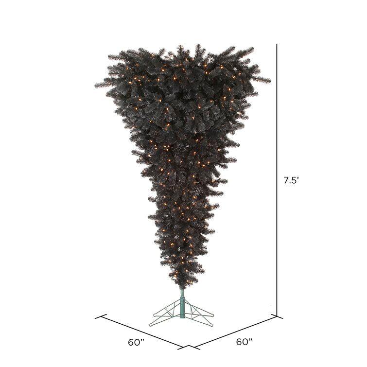 Upside Down 7.5' Black Artificial Christmas Tree with 500 LED Clear/White Lights with Stand