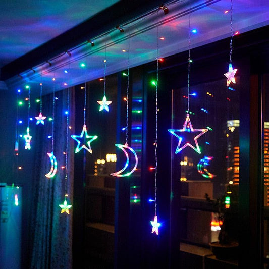 Multi color Star Moon Curtain Lights Christmas Tree - Christmas Trees USA