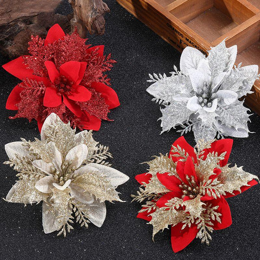 5pcs Artificial Christmas Flowers Glitter