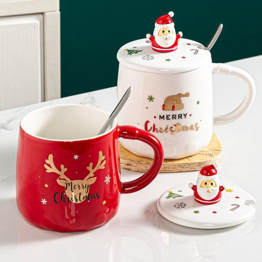 Christmas Mug with Pine Elk Print – Ceramic Water Bottle with Spoon & Lid (400ml)