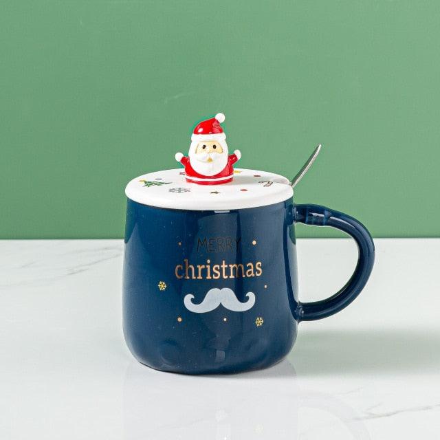 Christmas Mug with Pine Elk Print โ Ceramic Water Bottle with Spoon & Lid (400ml)