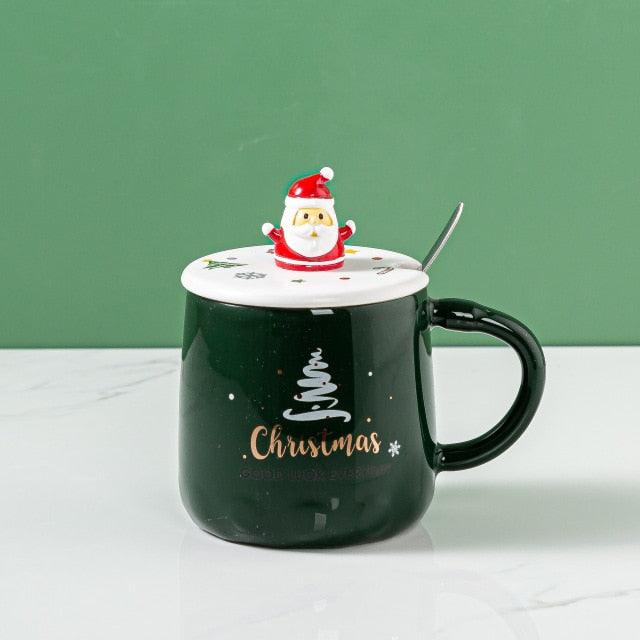 Christmas Mug with Pine Elk Print โ Ceramic Water Bottle with Spoon & Lid (400ml)