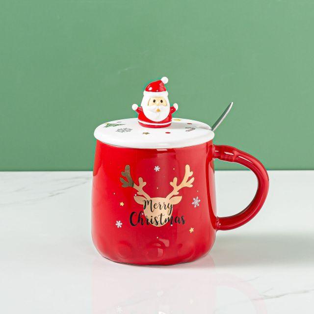 Christmas Mug with Pine Elk Print โ Ceramic Water Bottle with Spoon & Lid (400ml)