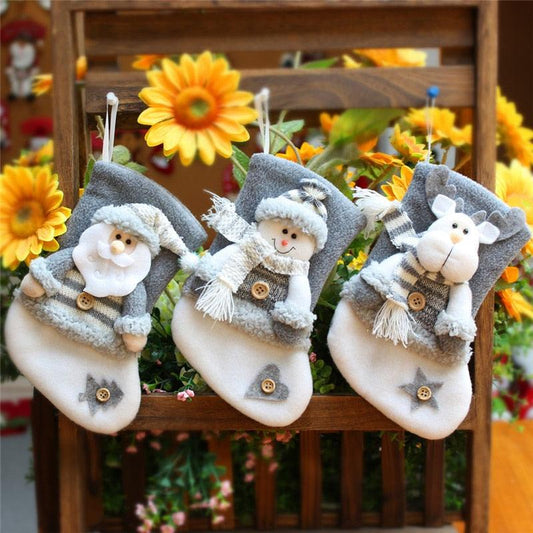 Xmas Stockings Gray Santa Claus Elk Snowman - Christmas Trees USA