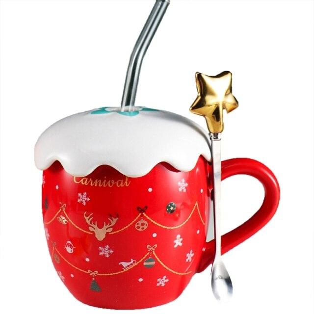 Christmas Themed Cute Cartoon Cup With Star On Lid Top