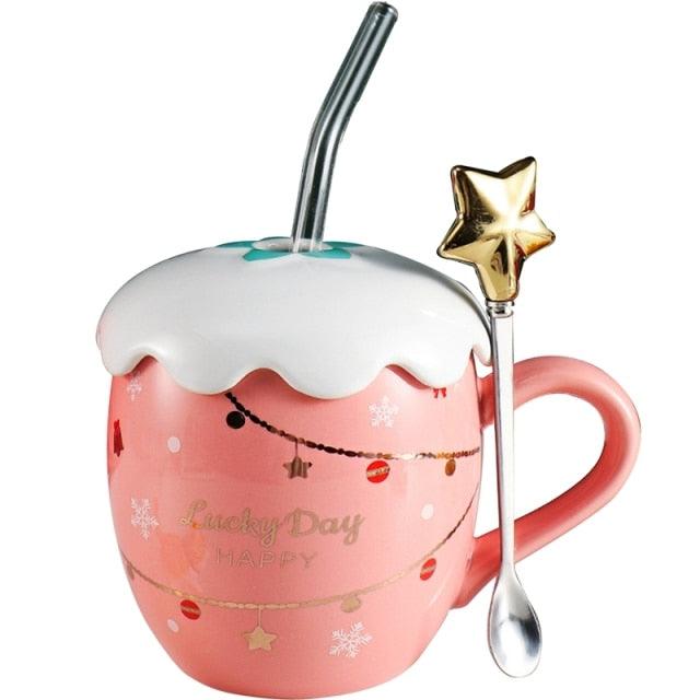 Christmas Themed Cute Cartoon Cup With Star On Lid Top