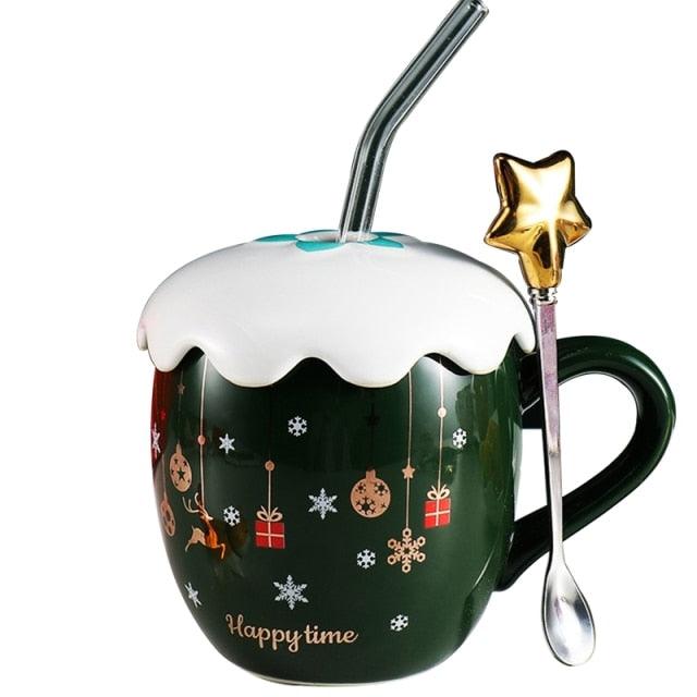 Christmas Themed Cute Cartoon Cup With Star On Lid Top