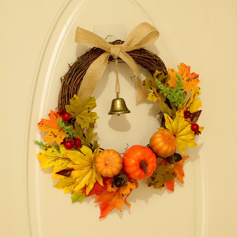 Thanksgiving Autumn Wreath Harvest Festival Bells Maple Leaf Pumpkin - Christmas Trees USA