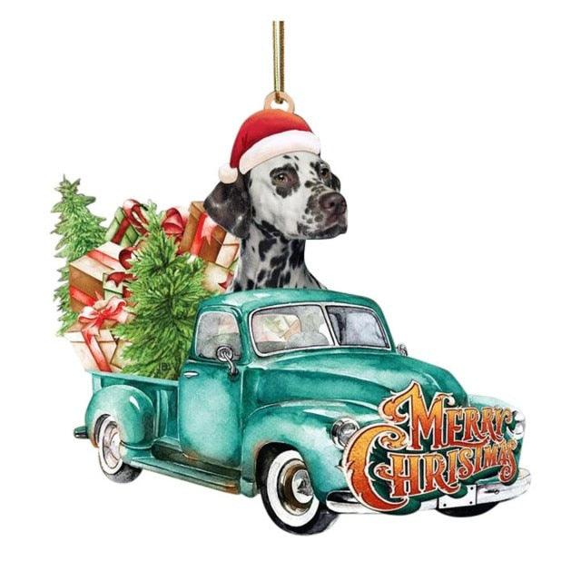 Dog on car Christmas Ornament