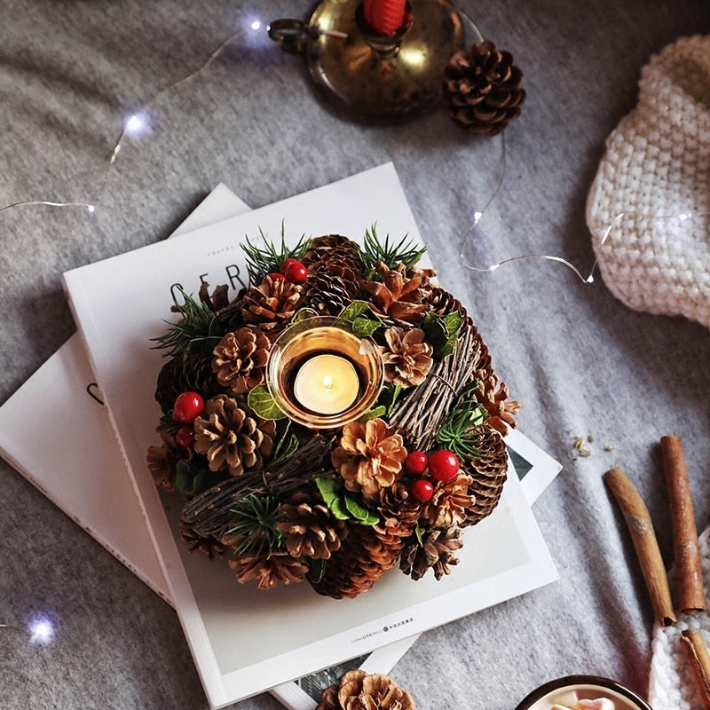 Handmade Christmas Candle Holders Red Berries Pine Cones Tabletop