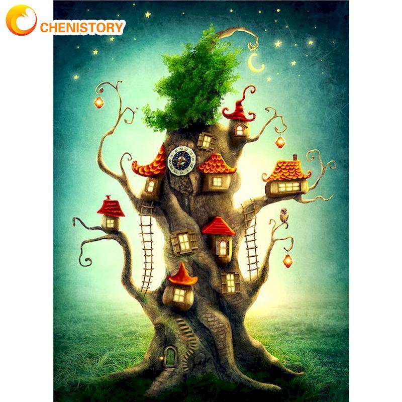 Tree House In Night Framed Oil Painting By Numbers