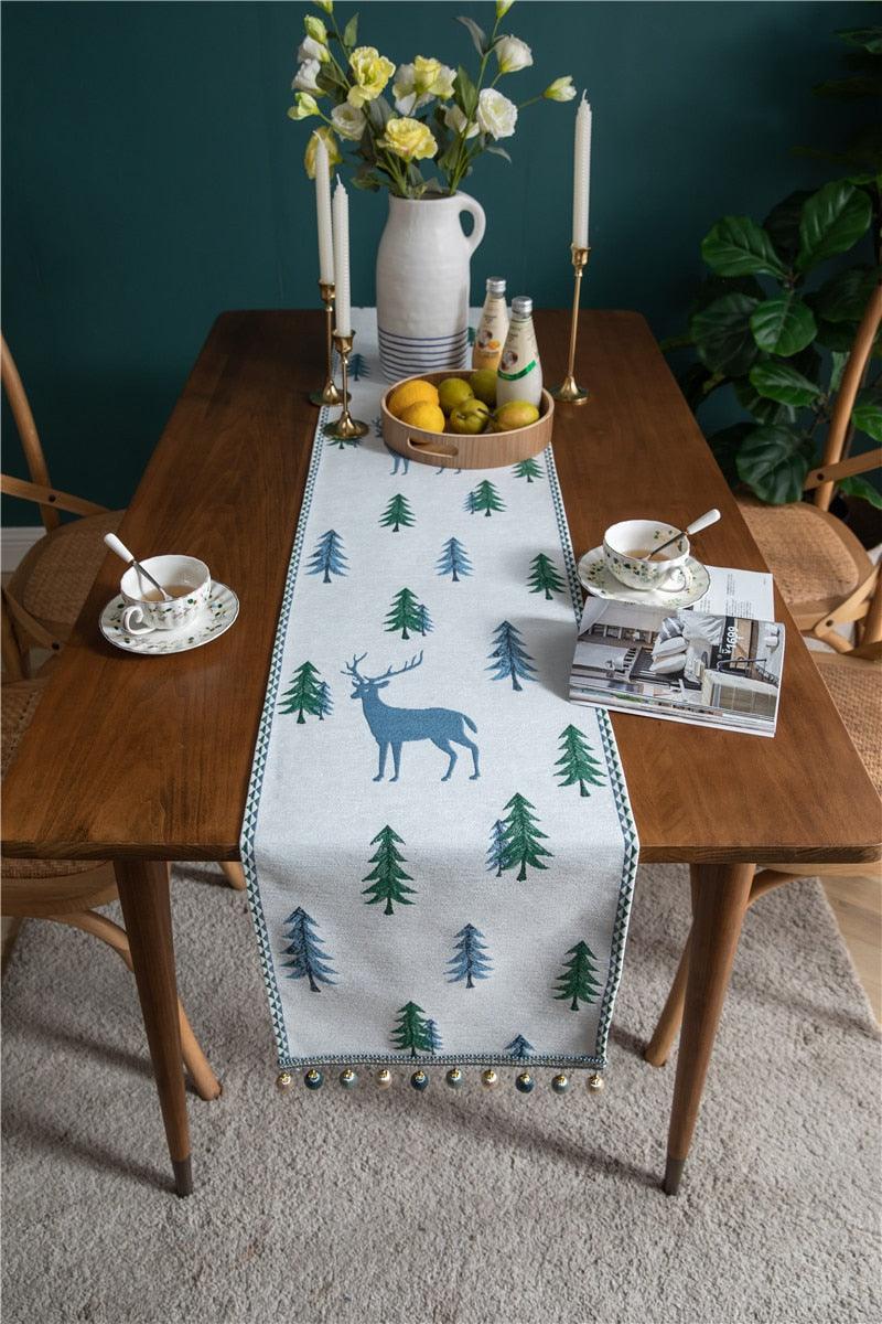 Christmas Table Runner Elk Xmas Tree Print Long Table Cover Jacquard Bed Towel