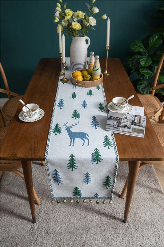 Christmas Table Runner Elk Xmas Tree Print Long Table Cover Jacquard Bed Towel