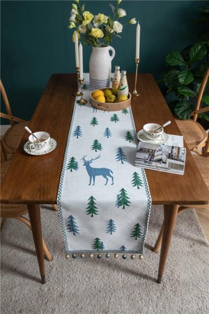 Christmas Table Runner Elk Xmas Tree Print Long Table Cover Jacquard Bed Towel