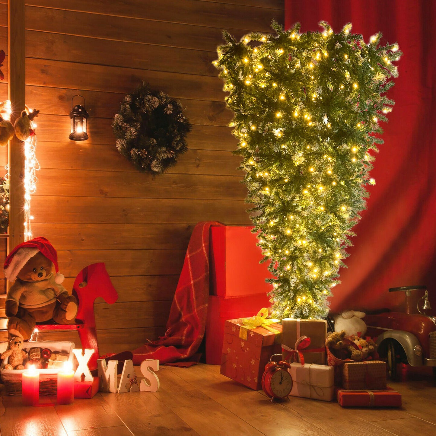 Upside Down Green Christmas Tree Metal Base