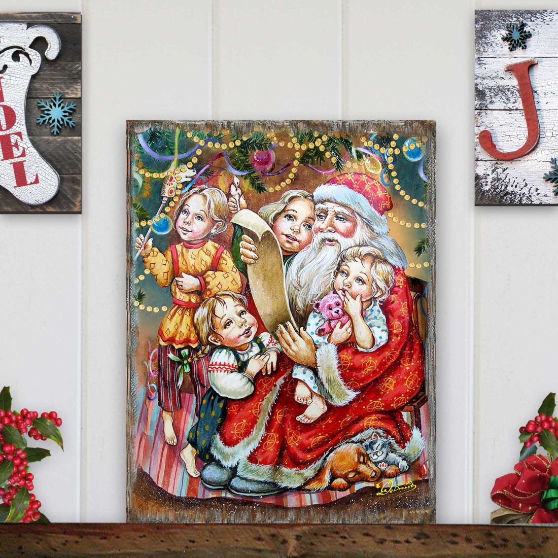 Wish List Santa Wooden Wall Art by G. DeBrekht - Christmas Santa Snowman Decor - 81291311B