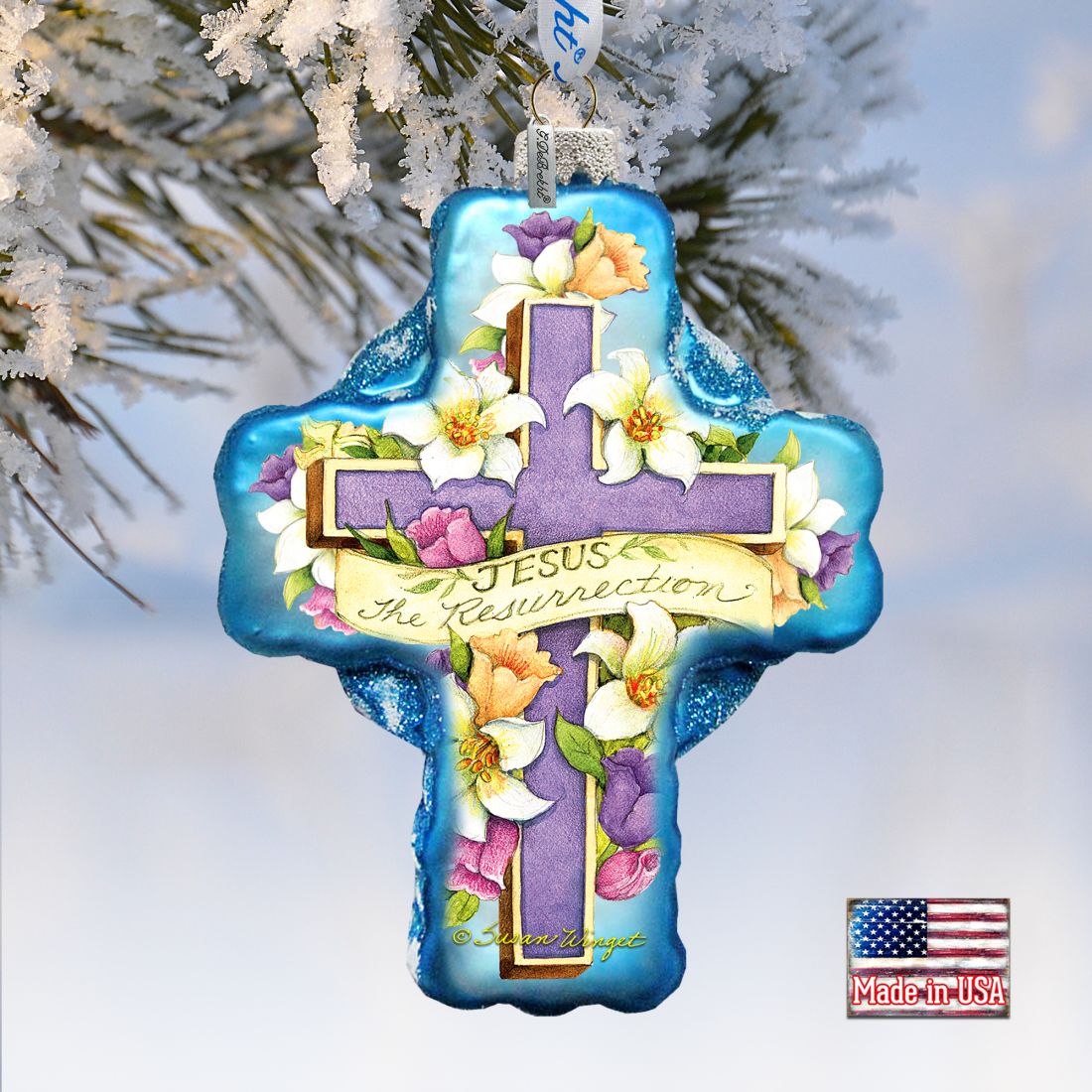 Resurrection Cross Glass Ornament by Susan Winget - Nativity Holiday Decor - 758-303-SW