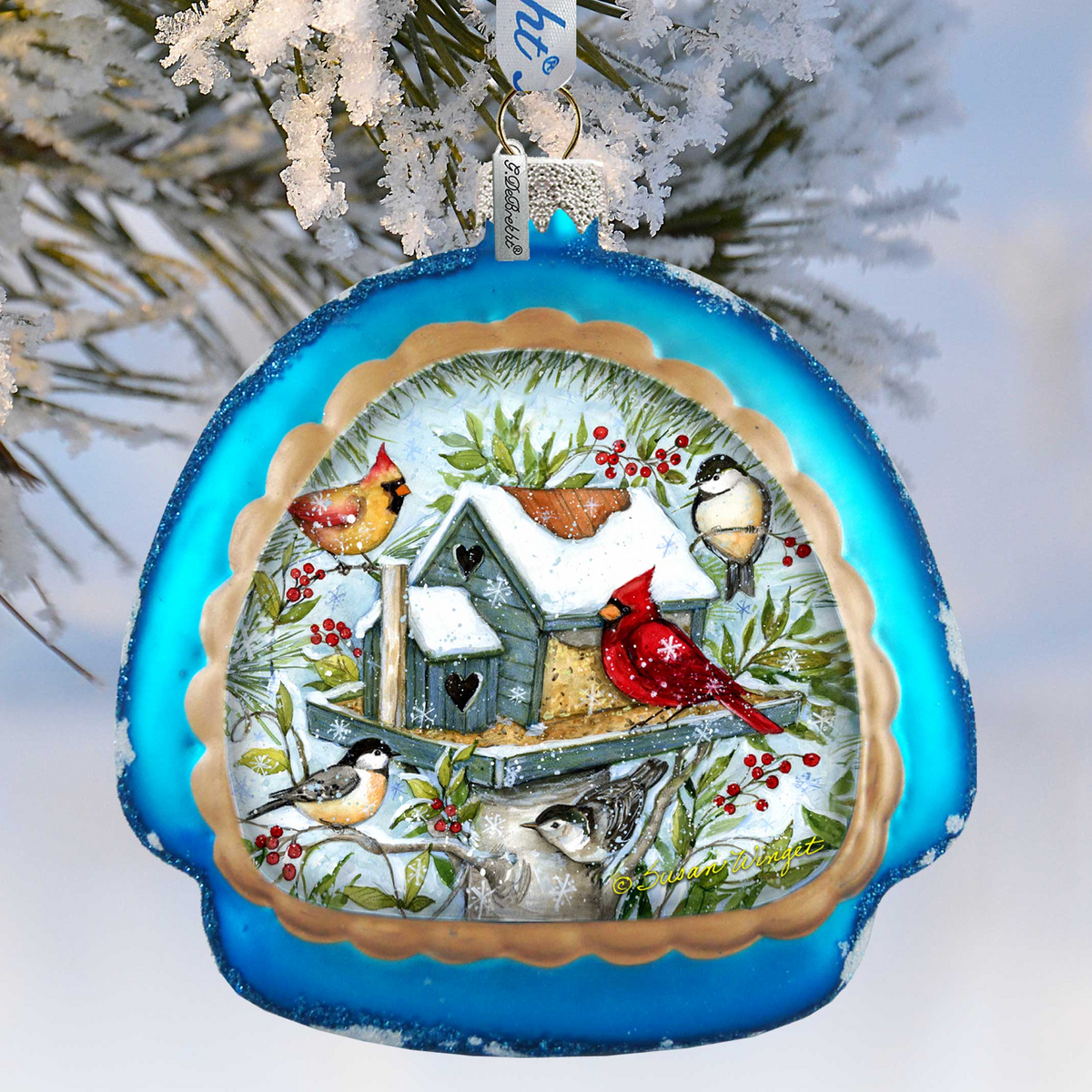 Winter Cardinals Glass Birdhouse Christmas Ornament