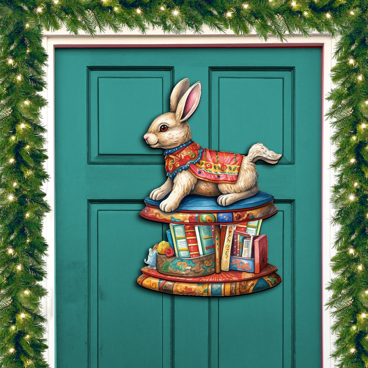 Carousel Bunny with Books Holiday Door Decor