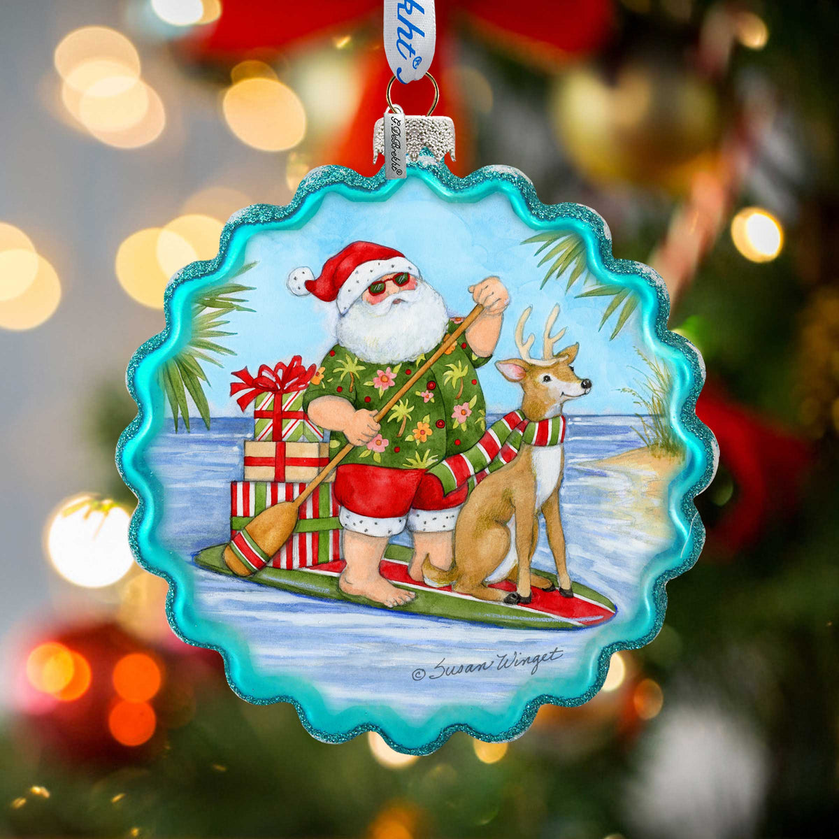 Christmas Decoration - Handblown Glass - Paddle Boarding Santa - Christmas Tree Ornament by Susan Winget - Handmade Gift - Wooden Ornament - 759-115-SW