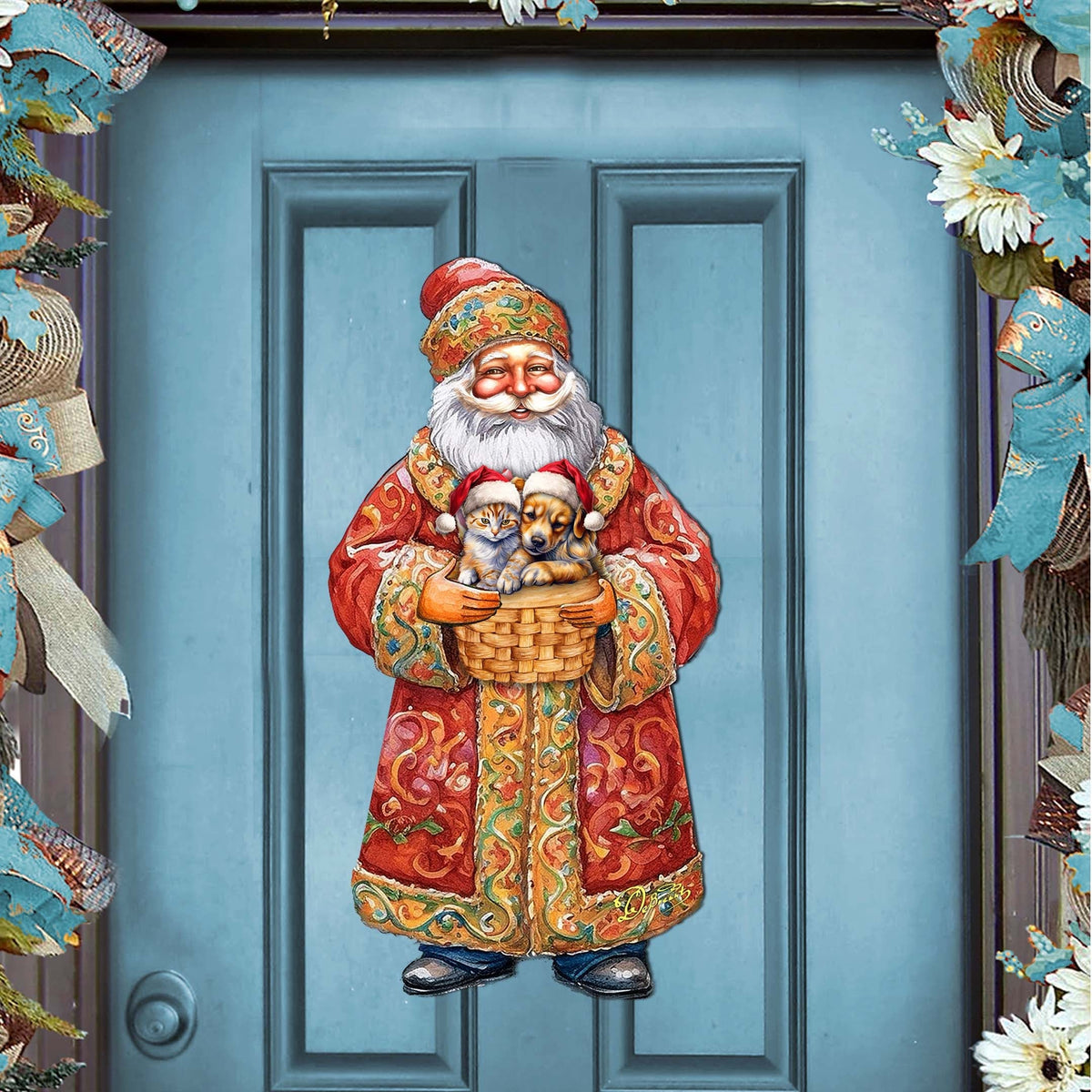 Yuletide Pets with Santa Holiday Door Decor by G. Debrekht - Christmas Santa Snowman Decor - 8691406H