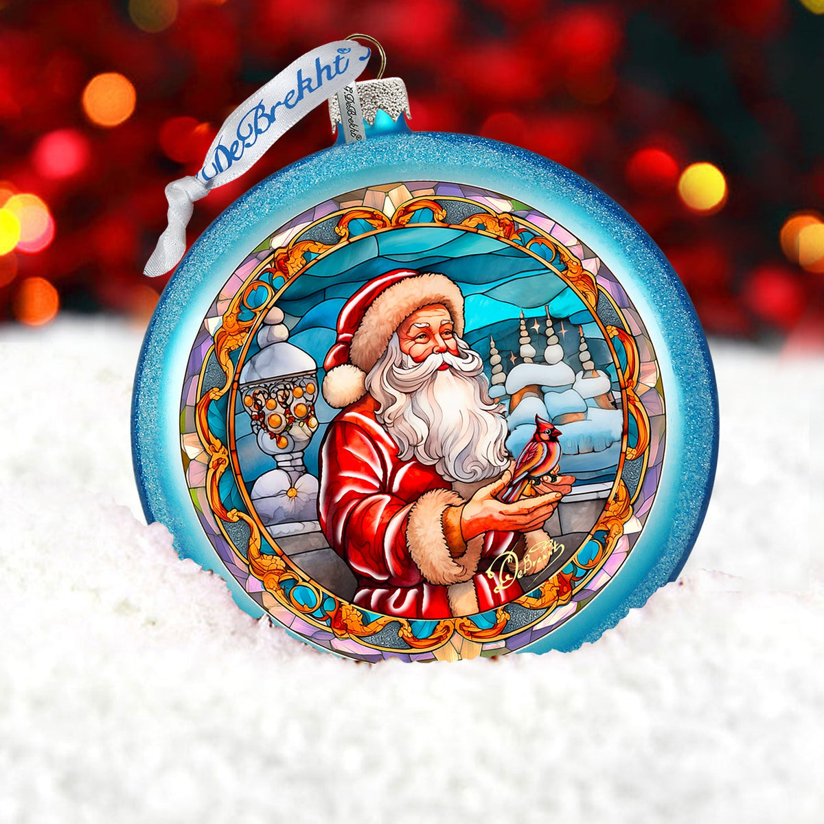 Santa's Red-feathered Friend Glass Ornament by G. DeBrekht - Christmas Santa Snowman Decor - 744-046
