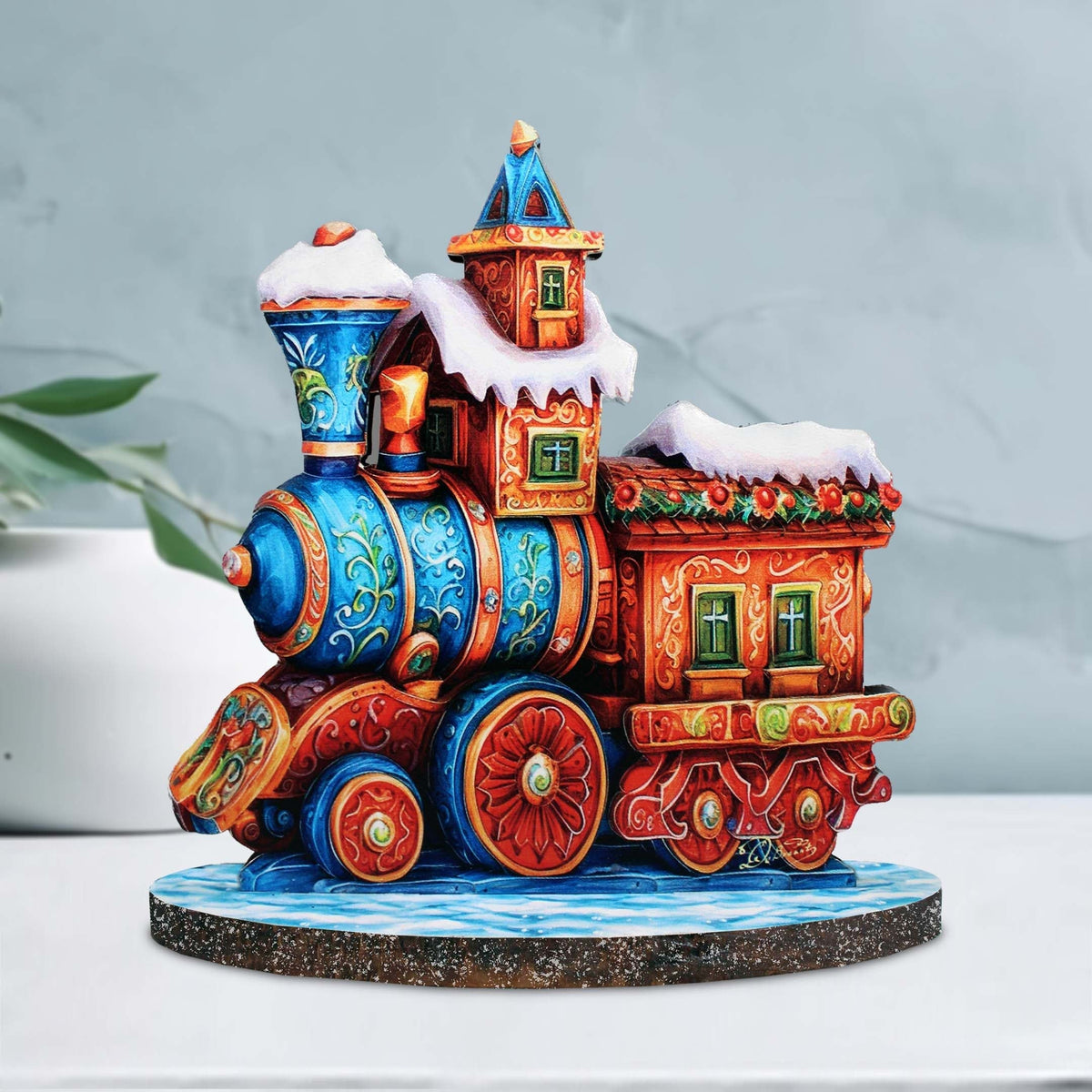 Winter Express Train Limited Edition Wooden Figurine by G. Debrekht - Centerpiece Christmas Decor - 89323