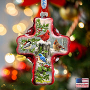 Winter Cardinals Cross Glass Ornament
