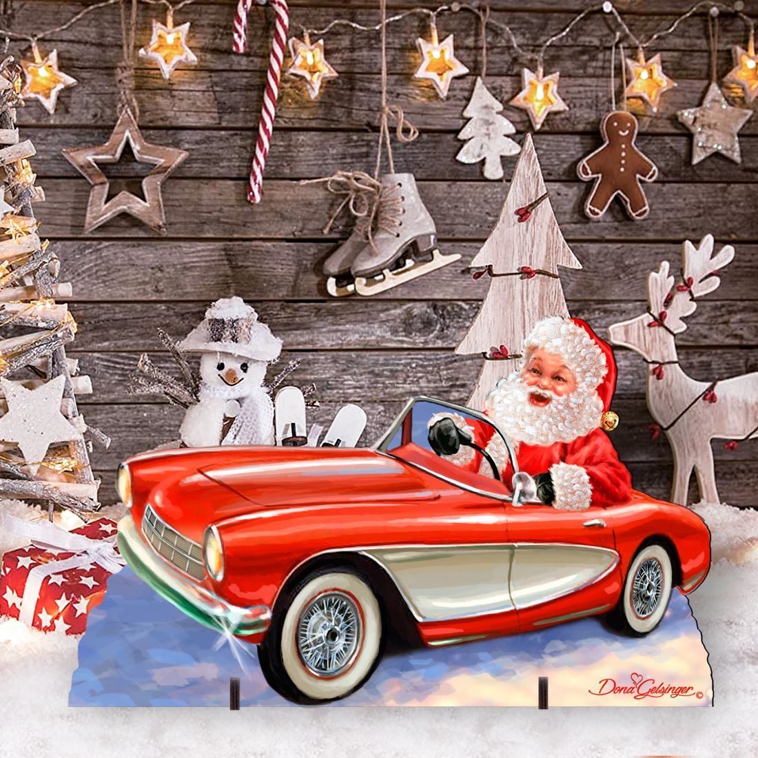 Santa Sports Car Christmas Outdoor Scene by D. Gelsinger - Christmas Santa Snowman Decor - 8461030F-1554