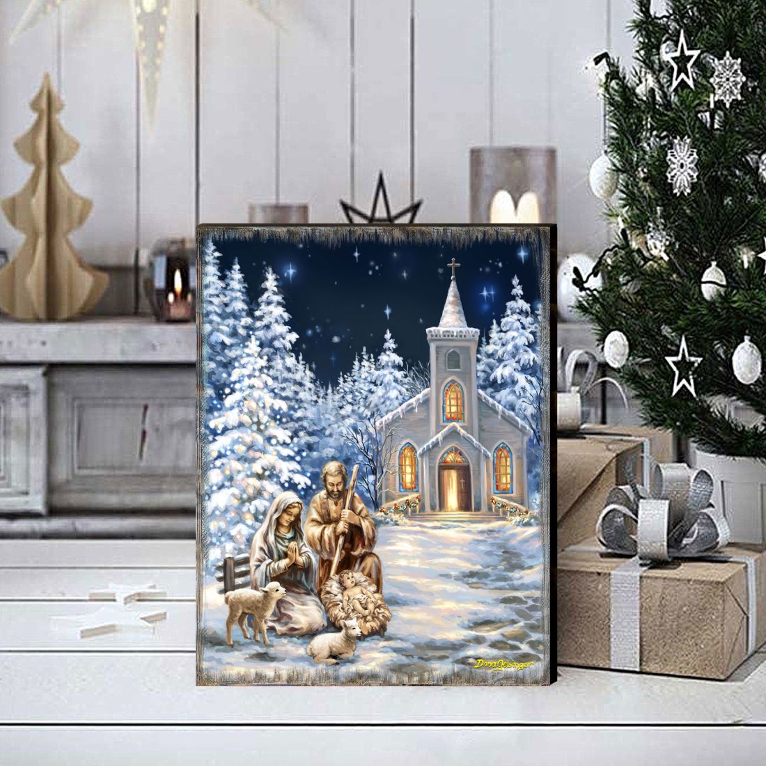 Nativity at the Chapel Night Sky Wooden Wall Art by D. Gelsinger - Nativity Holiday Decor - 95672B-DG