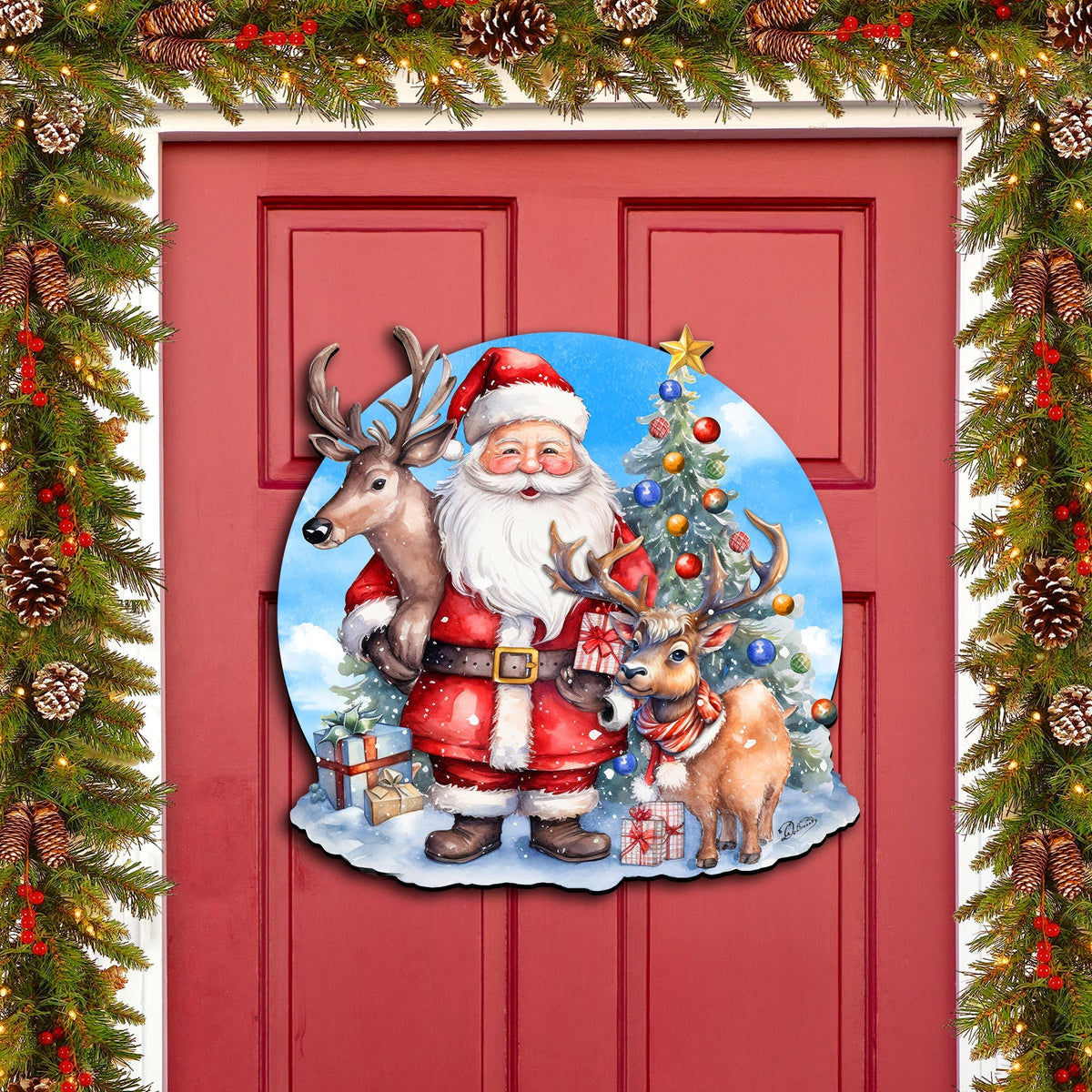 Santa with Reindeers Holiday Door Decor