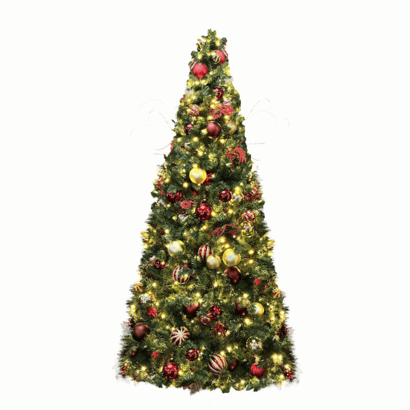 9FT Pre-Decorated Commercial PVC Christmas Tree with Red, Burgundy & Gold Ornaments – Warm White Lights