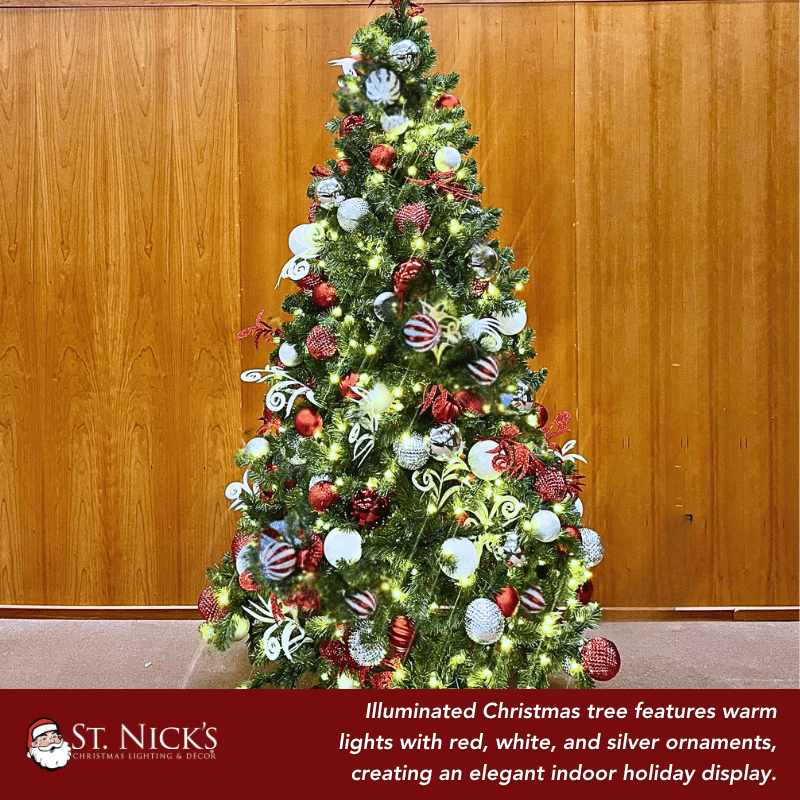 7.5 ft Pre-Decorated Commercial PVC Christmas Tree with Red, White & Silver Ornaments