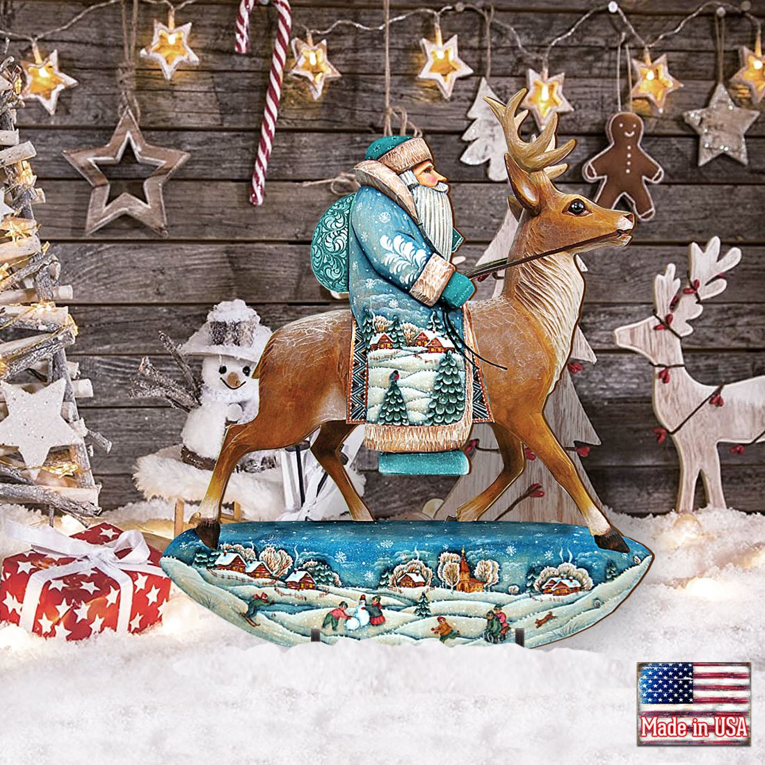 Reindeer Santa Christmas Outdoor Scene by G. DeBrekht - Christmas Santa Snowman Decor - 8151123F