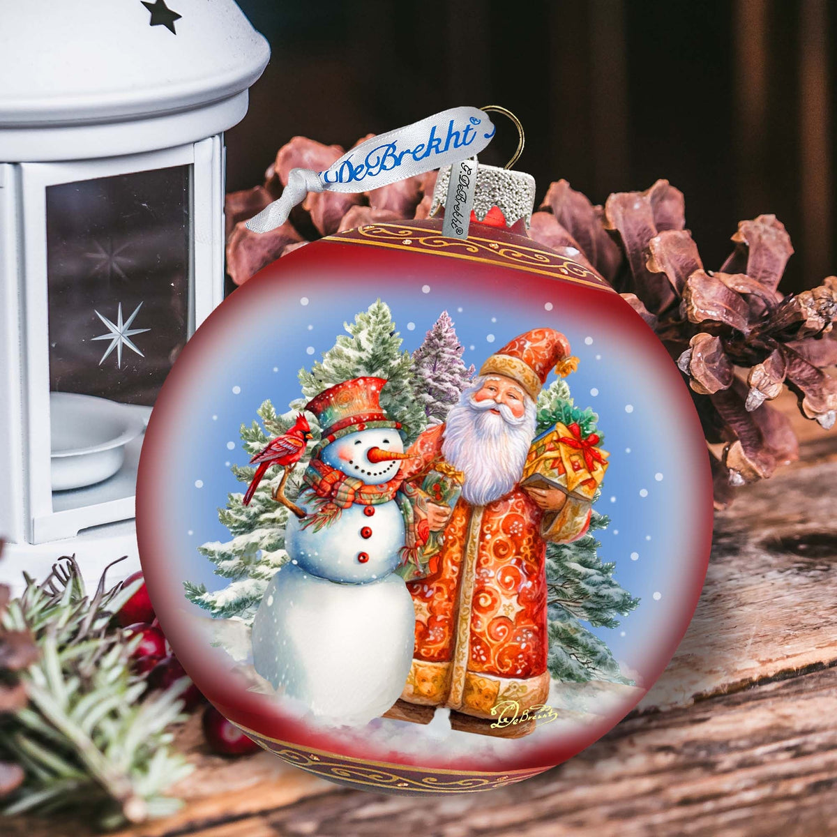 Santas Frosty Friend Lg Glass Ornament by G.Debrekht - Christmas Santa Snowman Decor - 73941