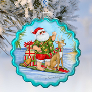 Christmas Decoration - Handblown Glass - Paddle Boarding Santa - Christmas Tree Ornament by Susan Winget - Handmade Gift - Wooden Ornament - 759-115-SW