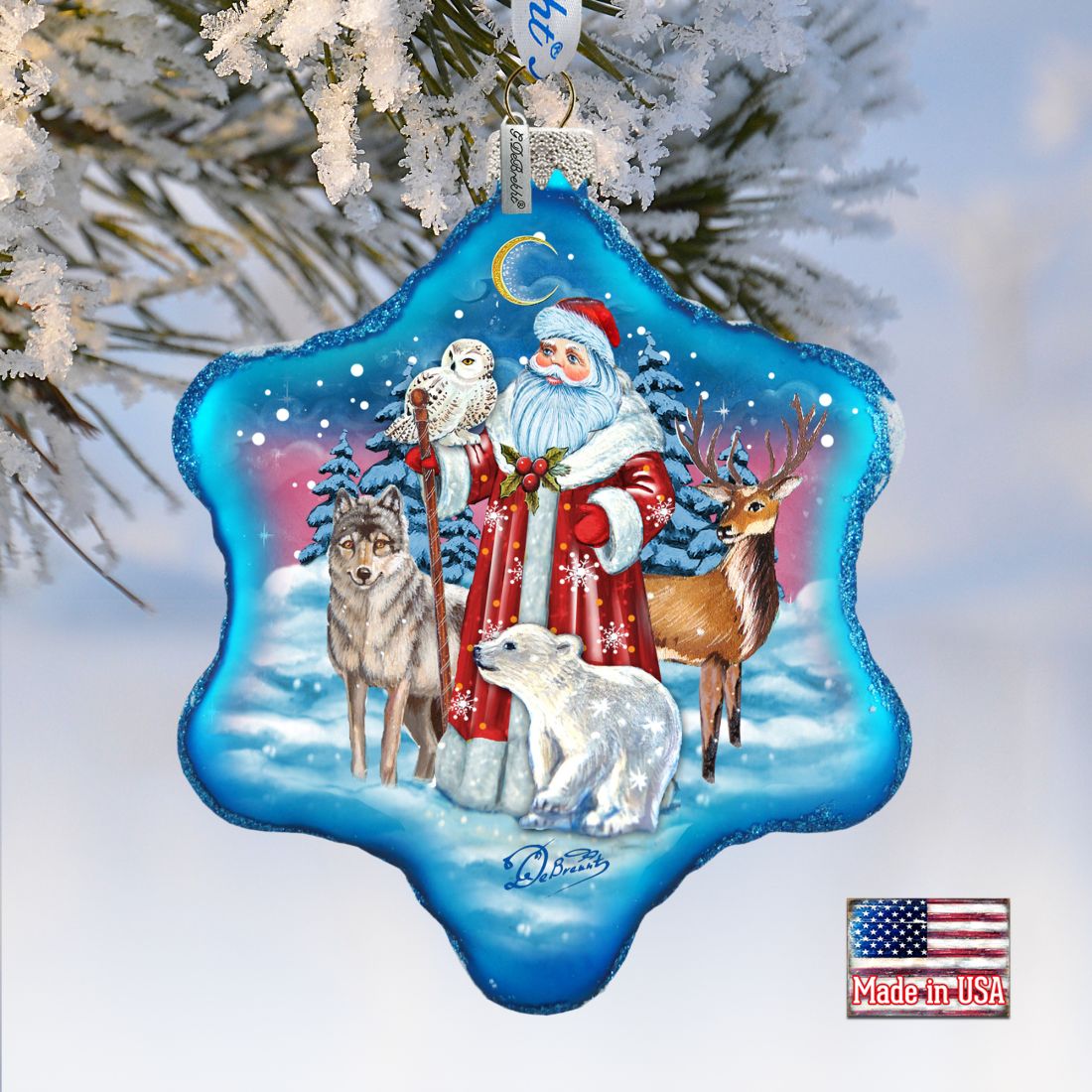 Santa Polar Story Snowflake Glass Ornament by G. DeBrekht - Christmas Santa Snowman Decor - 754-011