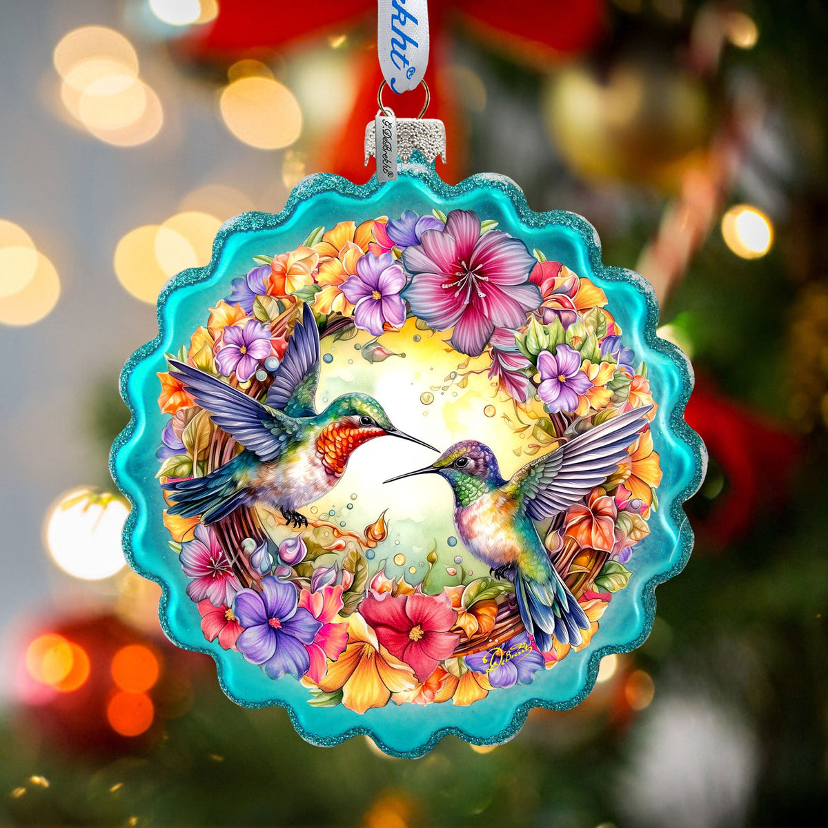 Hummingbirds Wreath Glass Ornament by G. Debrekht - Wildlife Holiday Decor - 759-061