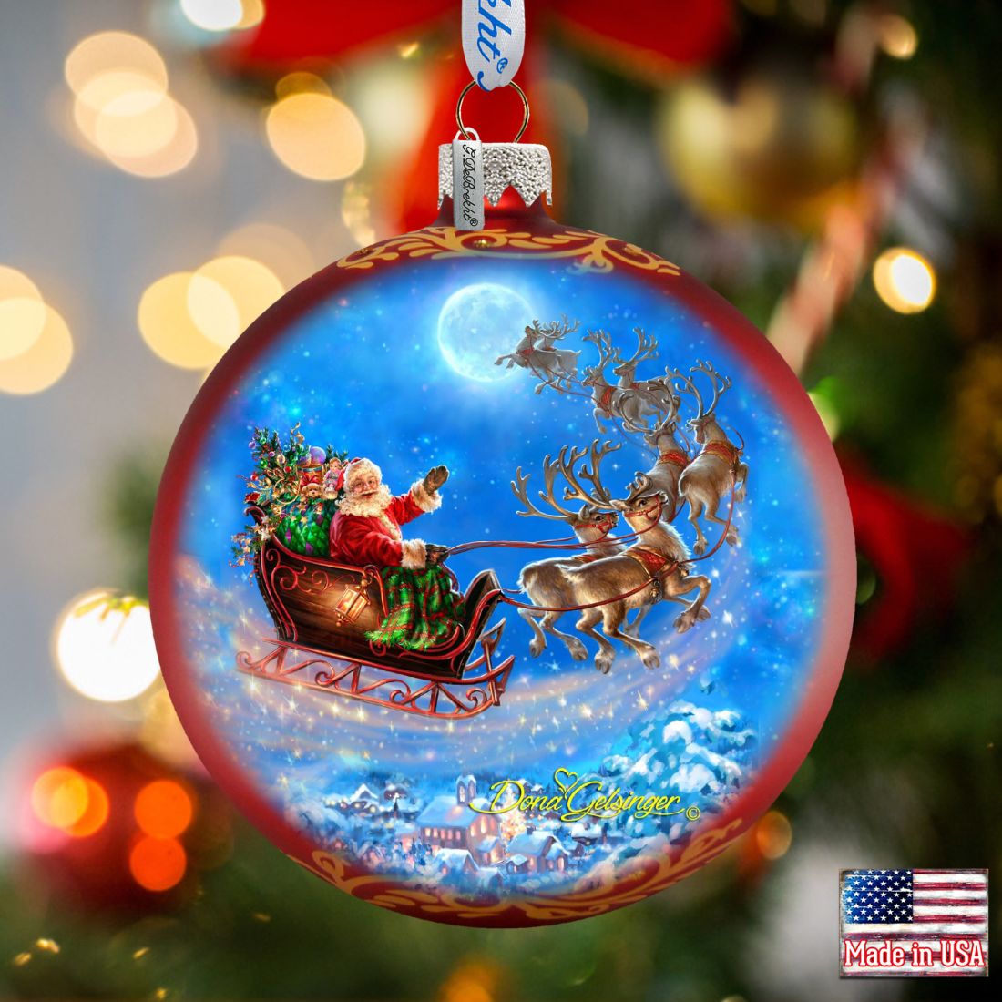 Santa Magical Flight Glass Ornament by D. Gelsinger - Christmas Santa Snowman Decor - 71116-1314