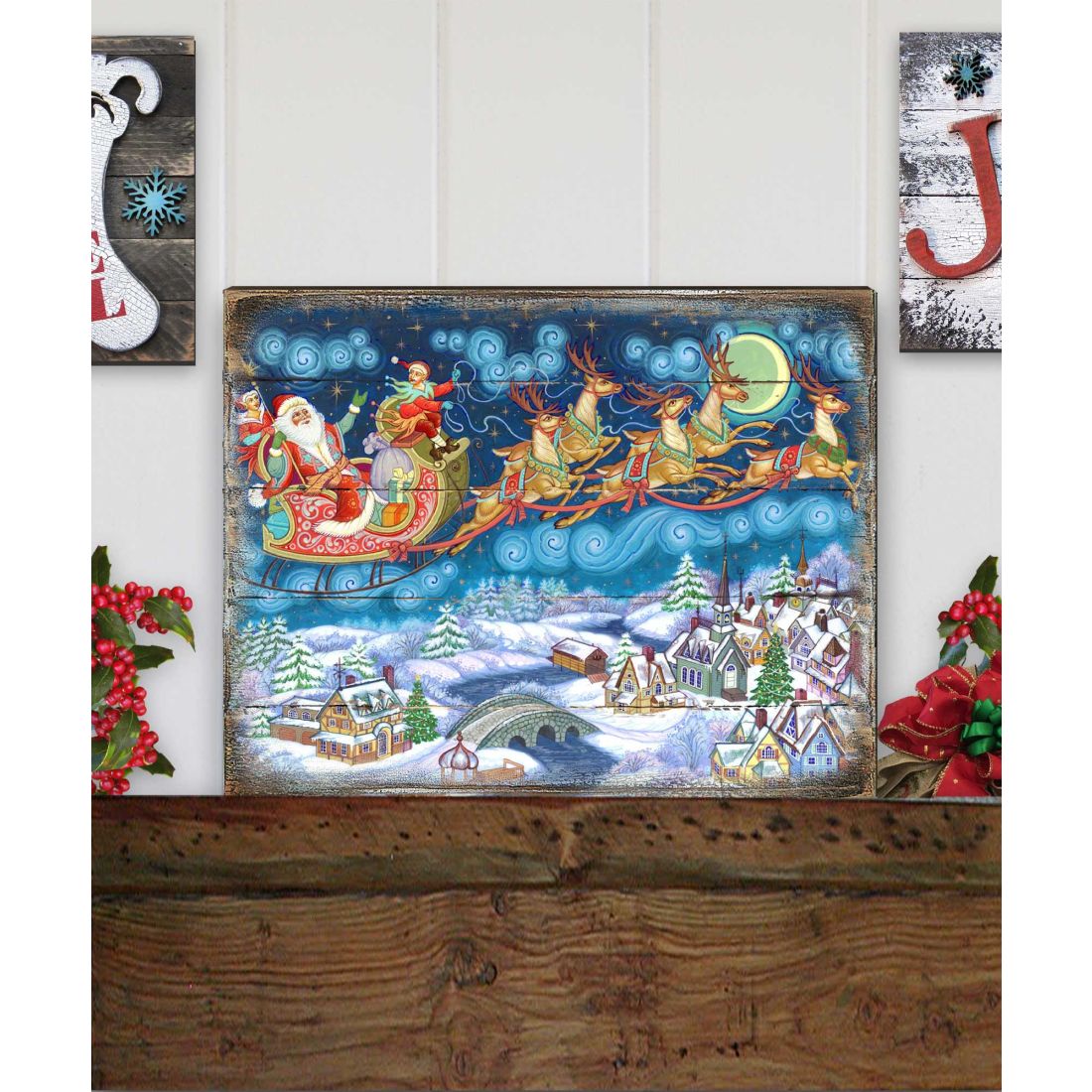 Up-Up and Away Santa Wooden Wall Art by G. DeBrekht - Christmas Santa Snowman Decor - 8151062B